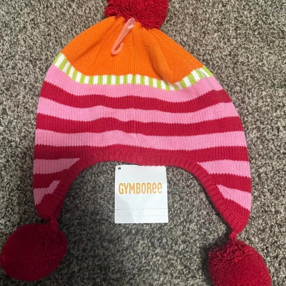 Gymboree pink and red striped knit hat with pom-poms